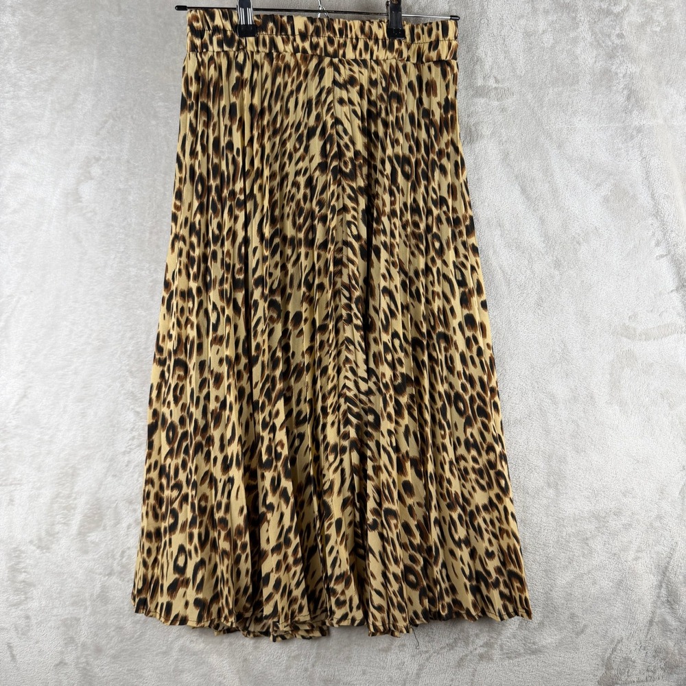 Leopard Print Accordion Pleated Midi Skirt Elastic Waist Tan Brown Black